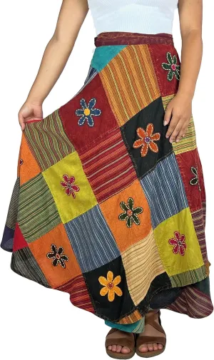 Agan Traders Women's 2025 Summer Boho Maxi Skirt for Fall Patched Tie Up High Waisted Long Skirt Bohemian Wrap Cover Up