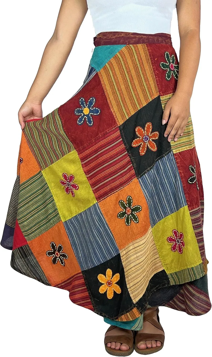 Agan Traders Women's 2025 Summer Boho Maxi Skirt for Fall Patched Tie Up High Waisted Long Skirt Bohemian Wrap Cover Up