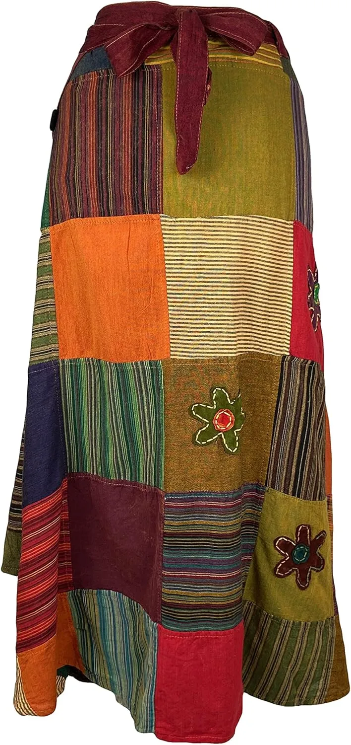 Agan Traders Women's 2025 Summer Boho Maxi Skirt for Fall Patched Tie Up High Waisted Long Skirt Bohemian Wrap Cover Up