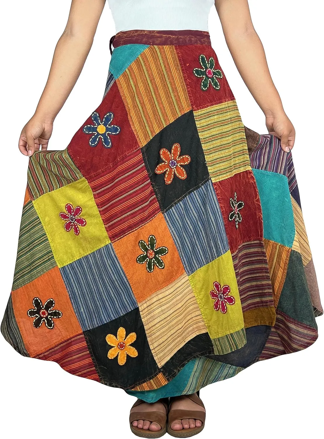 Agan Traders Women's 2025 Summer Boho Maxi Skirt for Fall Patched Tie Up High Waisted Long Skirt Bohemian Wrap Cover Up