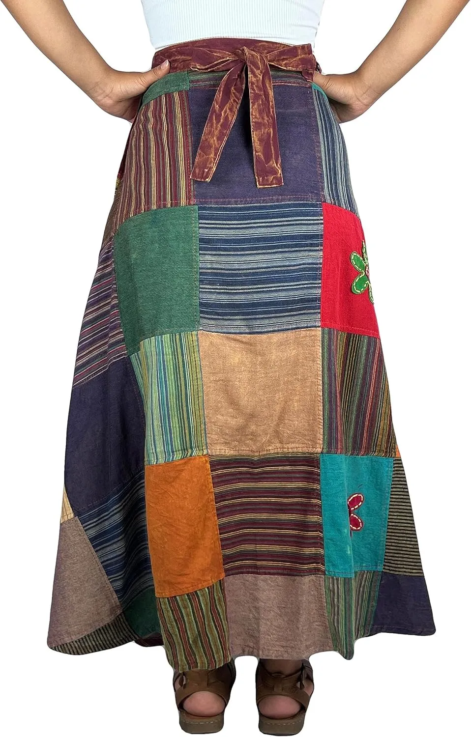 Agan Traders Women's 2025 Summer Boho Maxi Skirt for Fall Patched Tie Up High Waisted Long Skirt Bohemian Wrap Cover Up