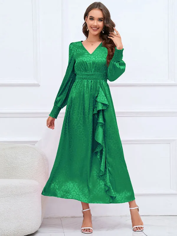 Autumn Jacquard Leopard Lantern Sleeve Open Back Long Dress