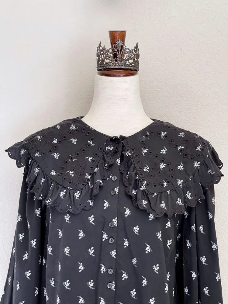 Baroque-Inspired Black Floral Print Collared Puff Sleeve Blouse - Size L