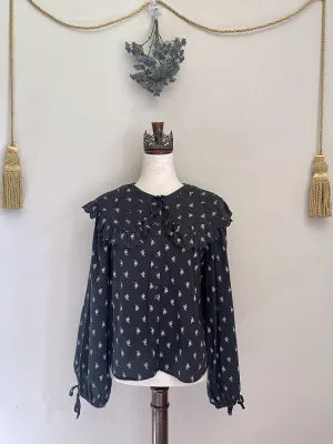 Baroque-Inspired Black Floral Print Collared Puff Sleeve Blouse - Size L
