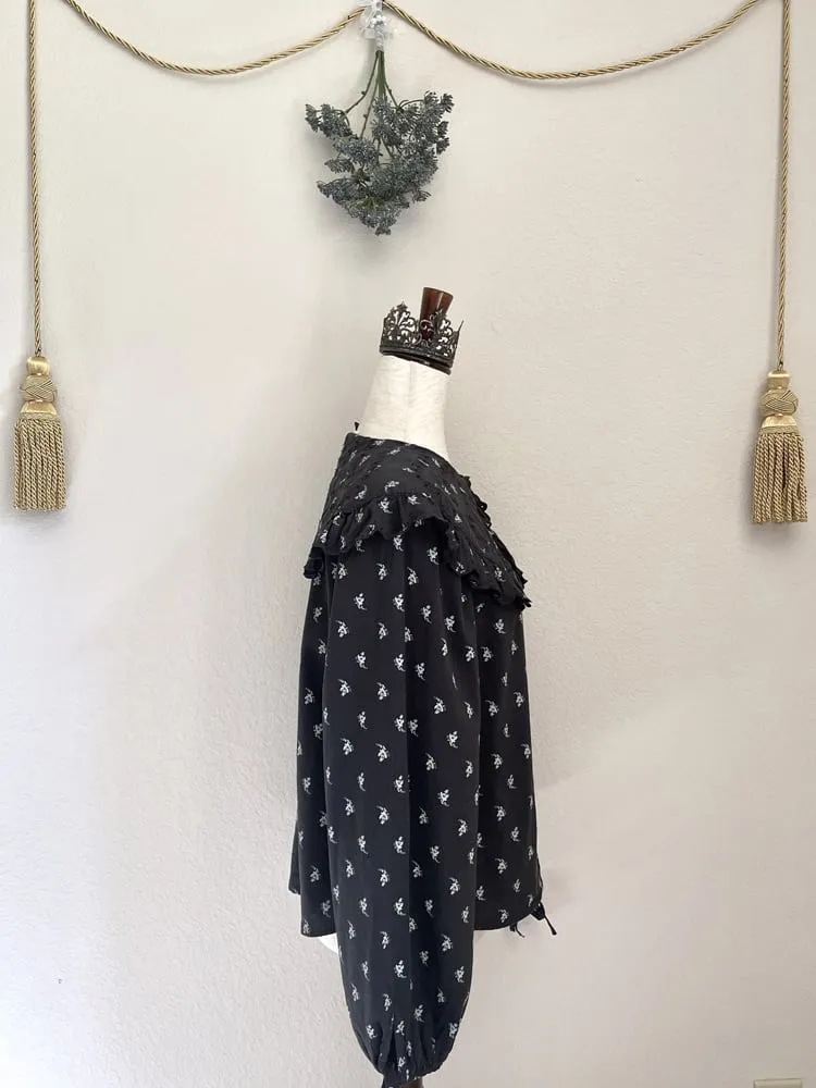 Baroque-Inspired Black Floral Print Collared Puff Sleeve Blouse - Size L