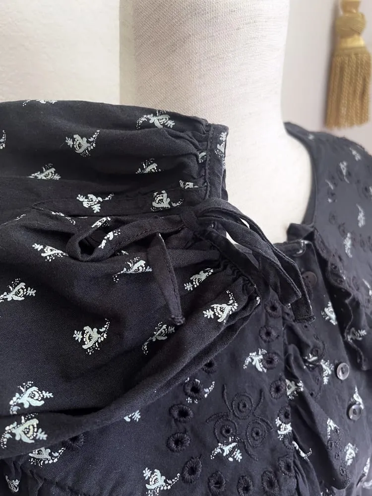 Baroque-Inspired Black Floral Print Collared Puff Sleeve Blouse - Size L