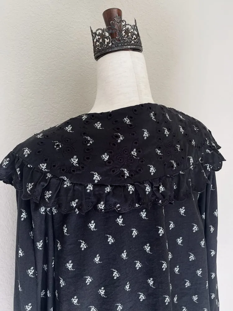 Baroque-Inspired Black Floral Print Collared Puff Sleeve Blouse - Size L
