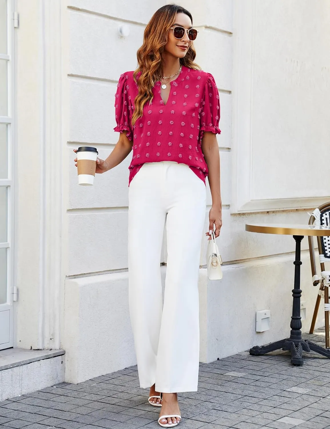 Blooming Jelly Women's Puff Sleeve Casual Tops Fashion White Polka Dot Blouses Dressy Ladies Summer Tops