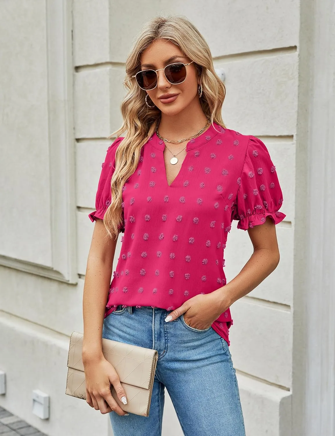 Blooming Jelly Women's Puff Sleeve Casual Tops Fashion White Polka Dot Blouses Dressy Ladies Summer Tops
