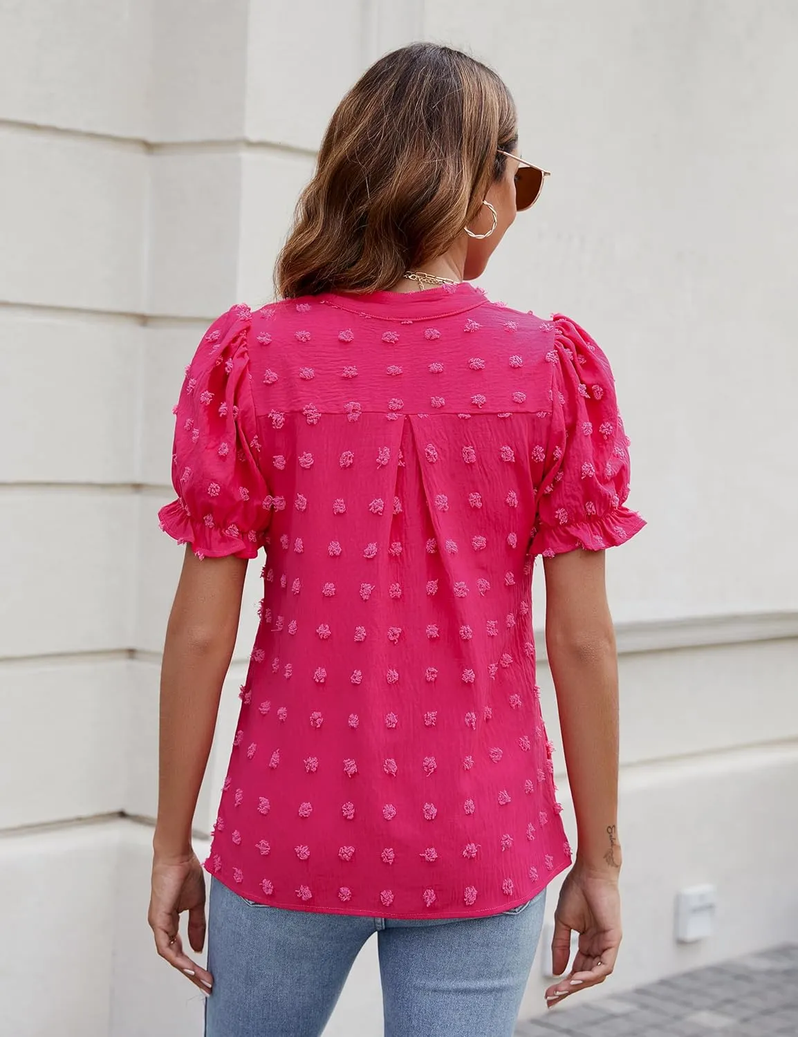Blooming Jelly Women's Puff Sleeve Casual Tops Fashion White Polka Dot Blouses Dressy Ladies Summer Tops