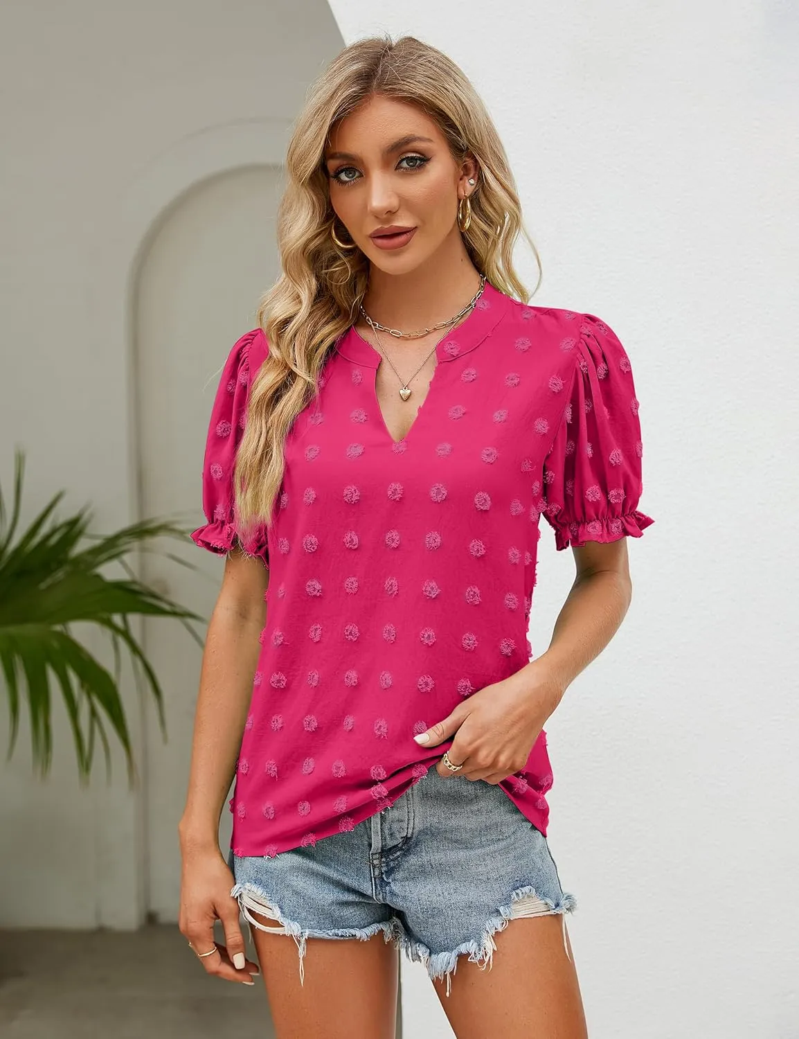 Blooming Jelly Women's Puff Sleeve Casual Tops Fashion White Polka Dot Blouses Dressy Ladies Summer Tops