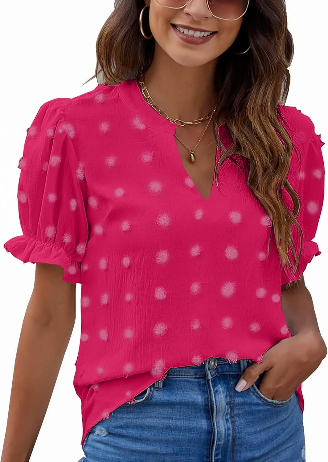 Blooming Jelly Women's Puff Sleeve Casual Tops Fashion White Polka Dot Blouses Dressy Ladies Summer Tops