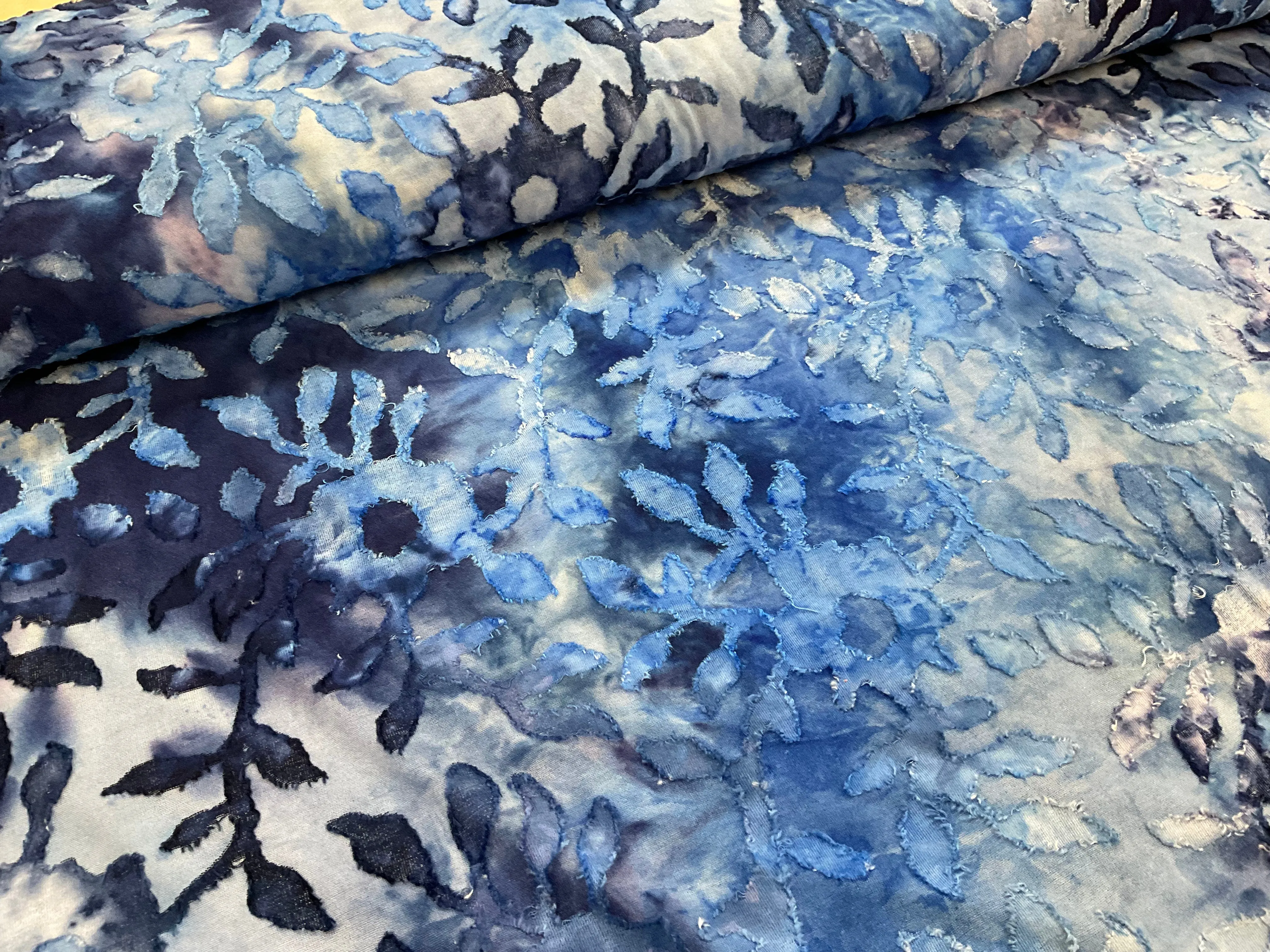 Blue Tie Dye Digital Leaves Poly Viscose Stretch Fabric
