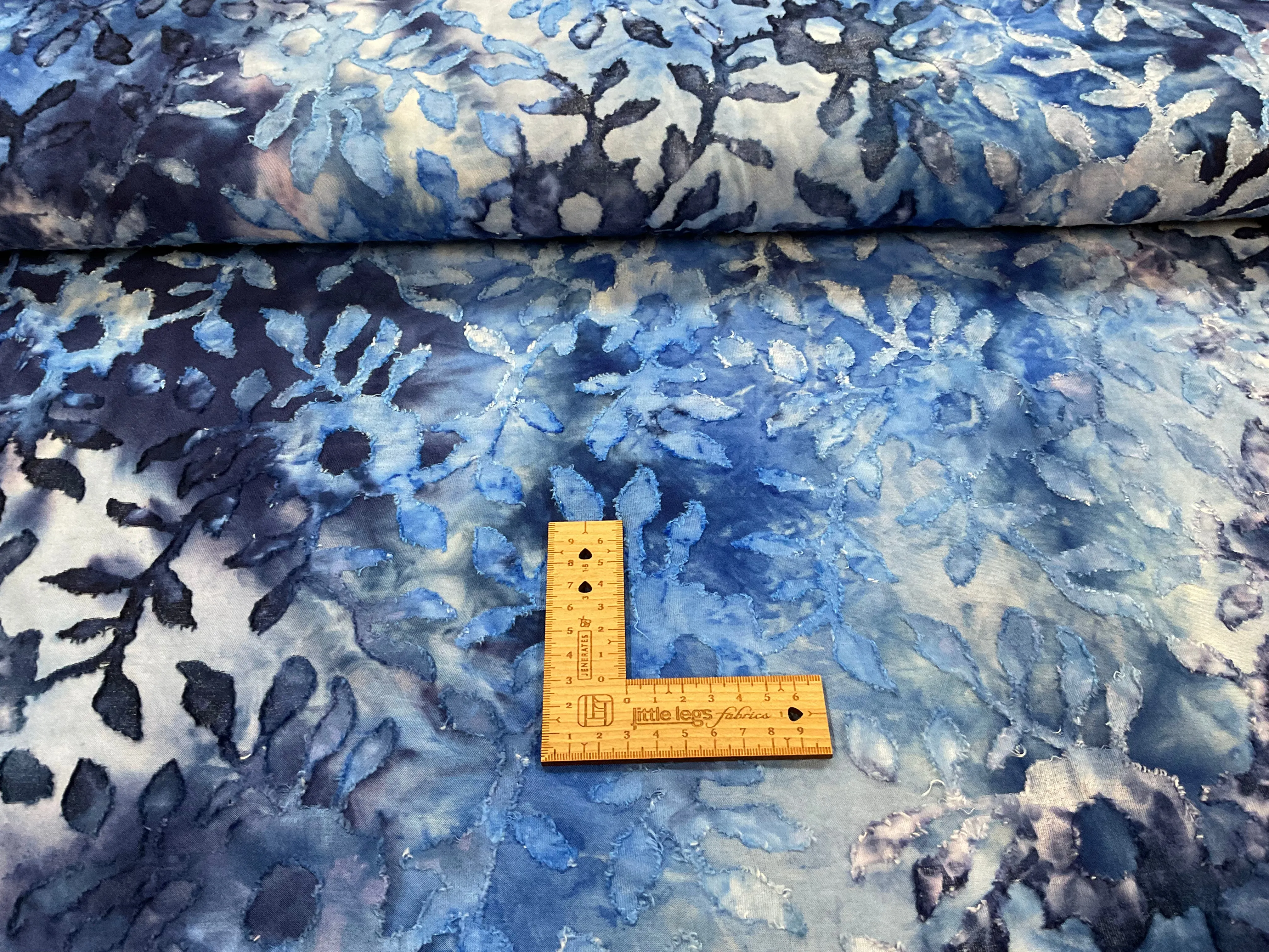 Blue Tie Dye Digital Leaves Poly Viscose Stretch Fabric