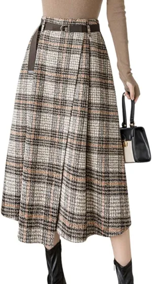 chouyatou Women's Vintage Plaid Wool Blend Midi Skirt Houndstooth A Line Wool Long Skirt with Belt