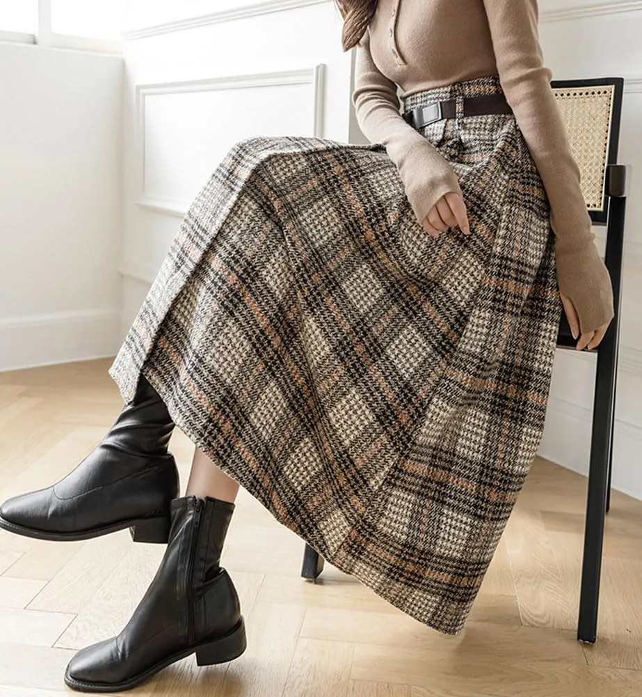 chouyatou Women's Vintage Plaid Wool Blend Midi Skirt Houndstooth A Line Wool Long Skirt with Belt