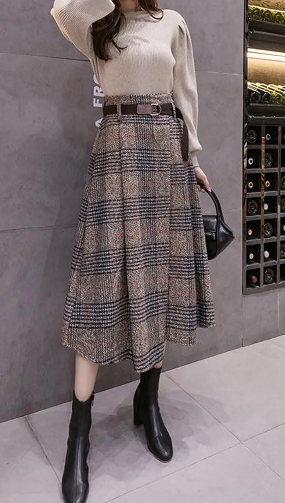 chouyatou Women's Vintage Plaid Wool Blend Midi Skirt Houndstooth A Line Wool Long Skirt with Belt