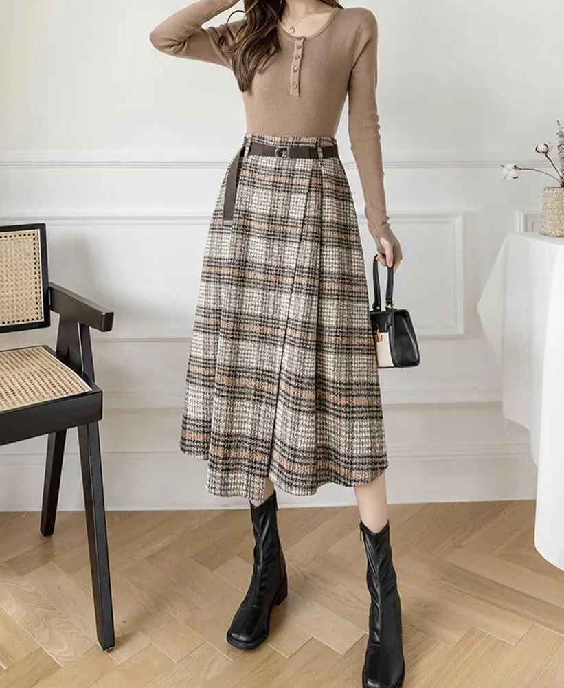chouyatou Women's Vintage Plaid Wool Blend Midi Skirt Houndstooth A Line Wool Long Skirt with Belt