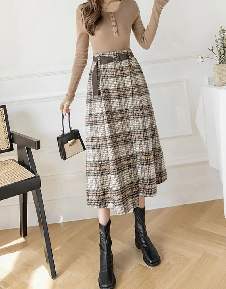 chouyatou Women's Vintage Plaid Wool Blend Midi Skirt Houndstooth A Line Wool Long Skirt with Belt