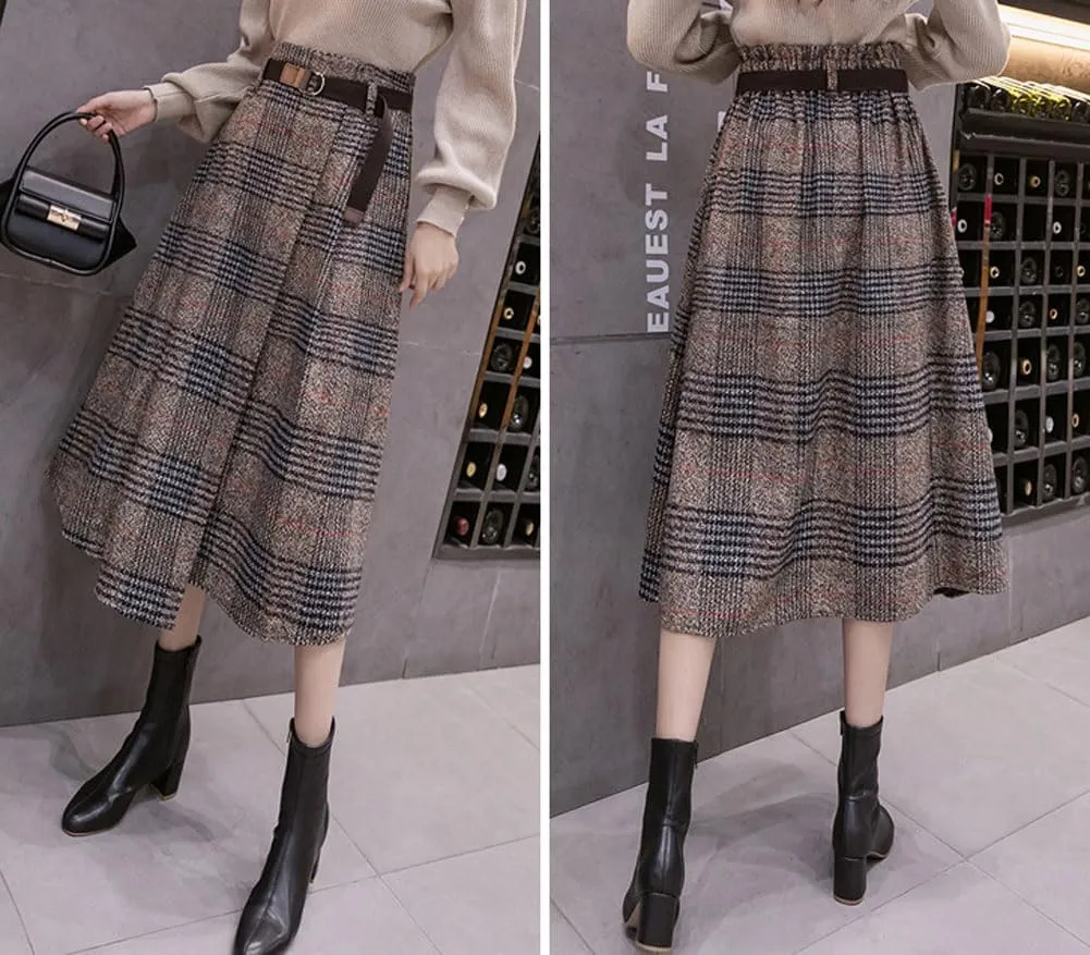 chouyatou Women's Vintage Plaid Wool Blend Midi Skirt Houndstooth A Line Wool Long Skirt with Belt