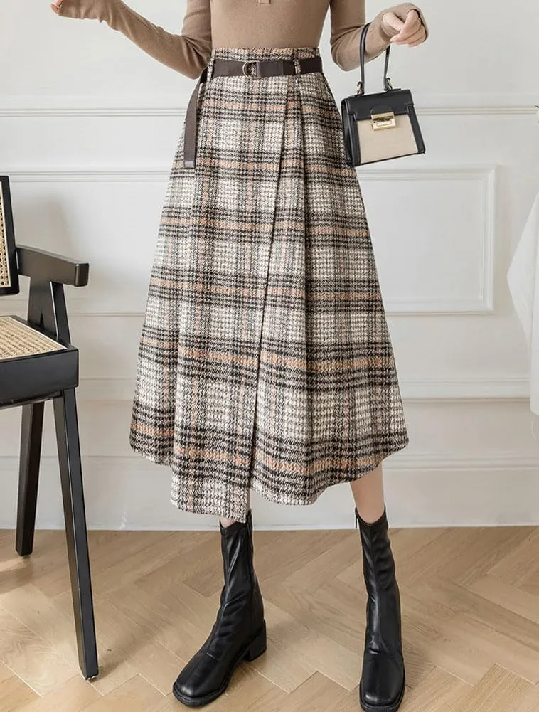 chouyatou Women's Vintage Plaid Wool Blend Midi Skirt Houndstooth A Line Wool Long Skirt with Belt