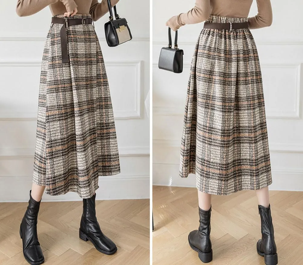 chouyatou Women's Vintage Plaid Wool Blend Midi Skirt Houndstooth A Line Wool Long Skirt with Belt