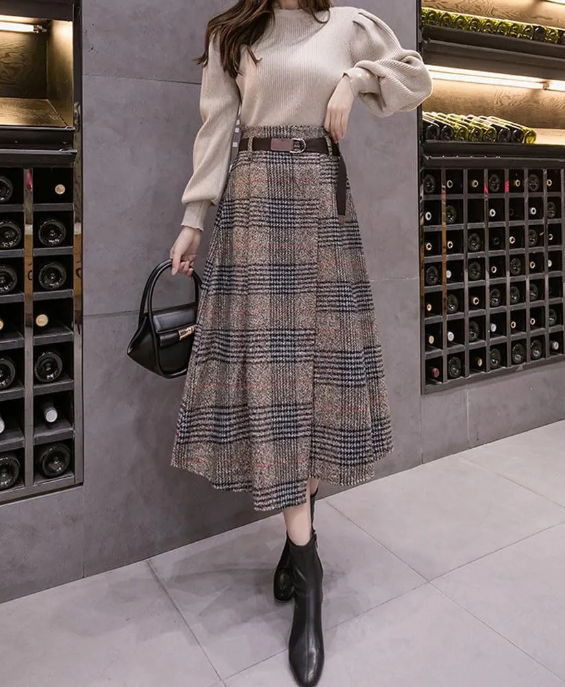 chouyatou Women's Vintage Plaid Wool Blend Midi Skirt Houndstooth A Line Wool Long Skirt with Belt