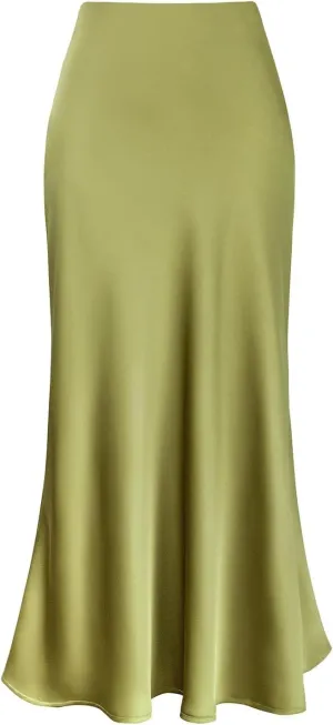 ebossy Women's Elegant Long Satin Skirt Silk Dressy Hidden Elastic Waist Flared A-Line Maxi Skirts