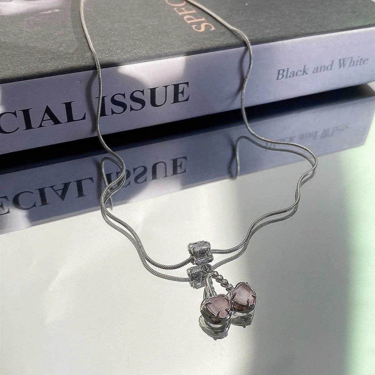 Elegant Pink Cherry Pendant Necklace