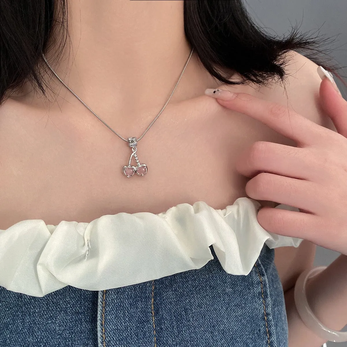 Elegant Pink Cherry Pendant Necklace