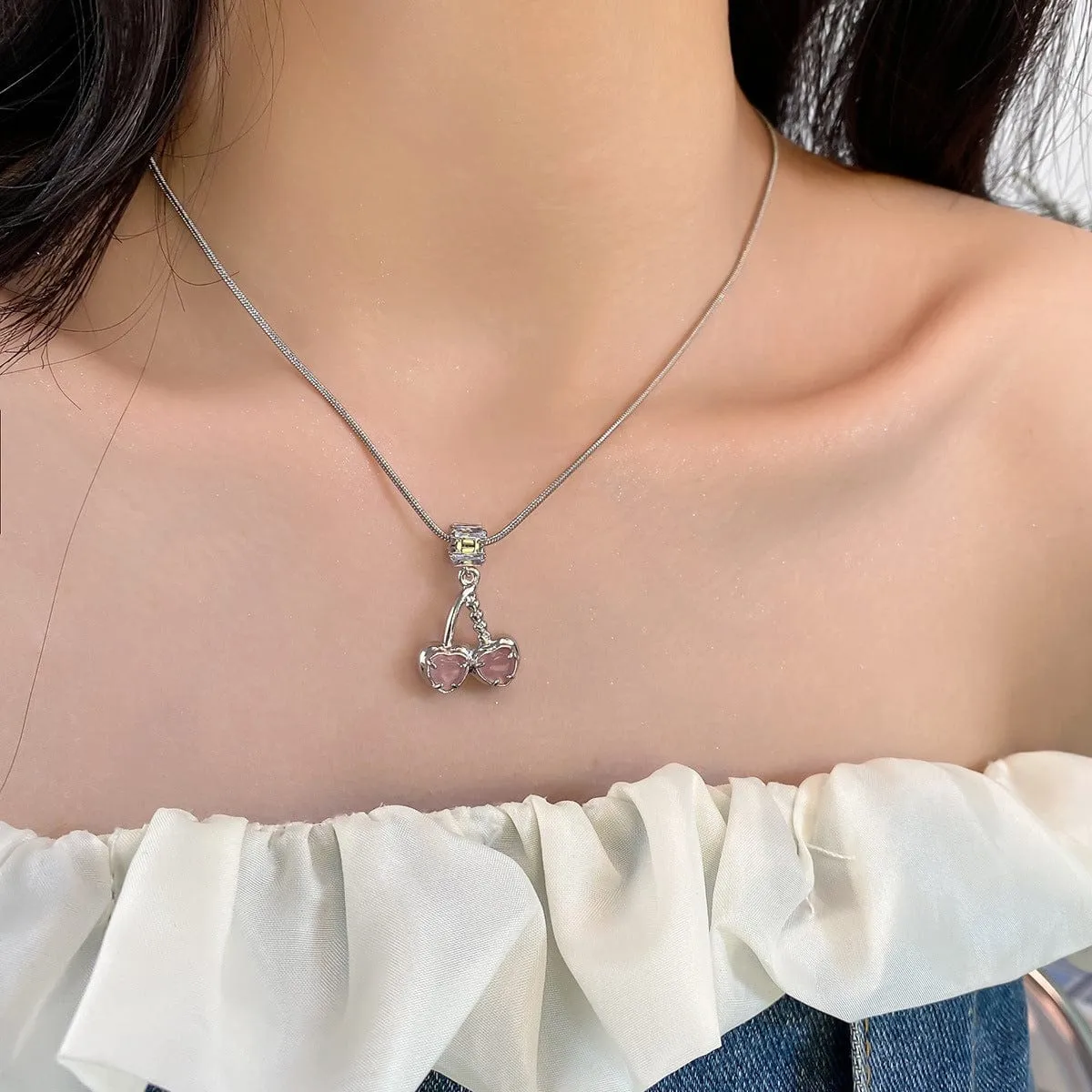 Elegant Pink Cherry Pendant Necklace