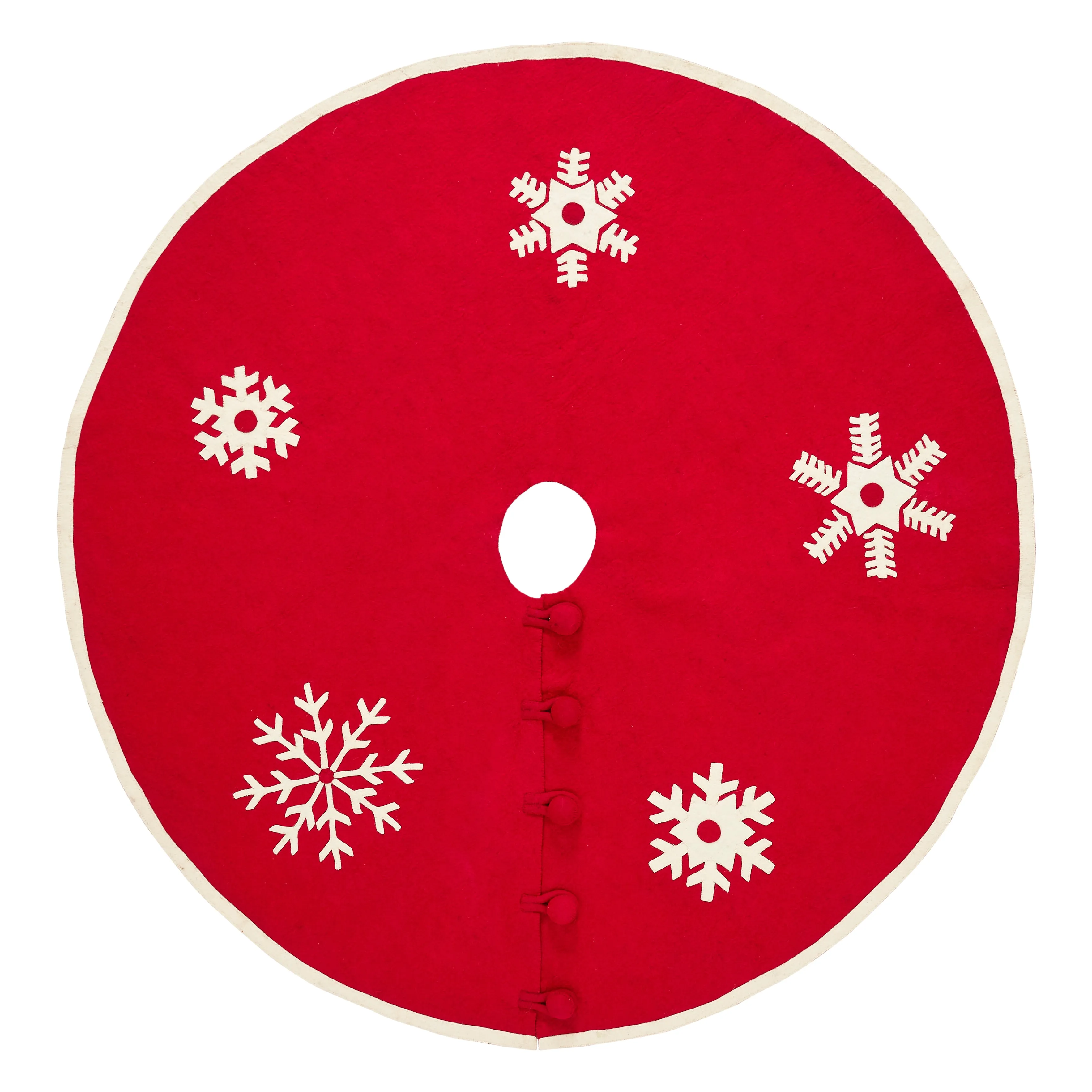 Handmade Christmas Tree Skirt in Felt - Snowflakes on Red  - 60" / 72"