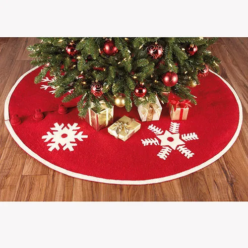 Handmade Christmas Tree Skirt in Felt - Snowflakes on Red  - 60" / 72"