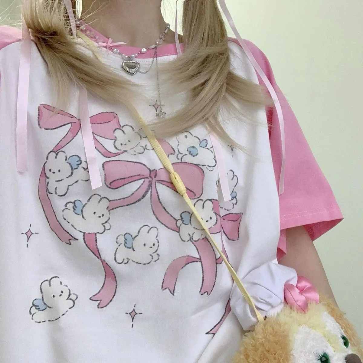 Kawaii Oversized T-Shirt Cute Pink Anime Shirt Japanese Harajuku Patchwork Tee Cartoon Print Loose Teen Girl Plus Size