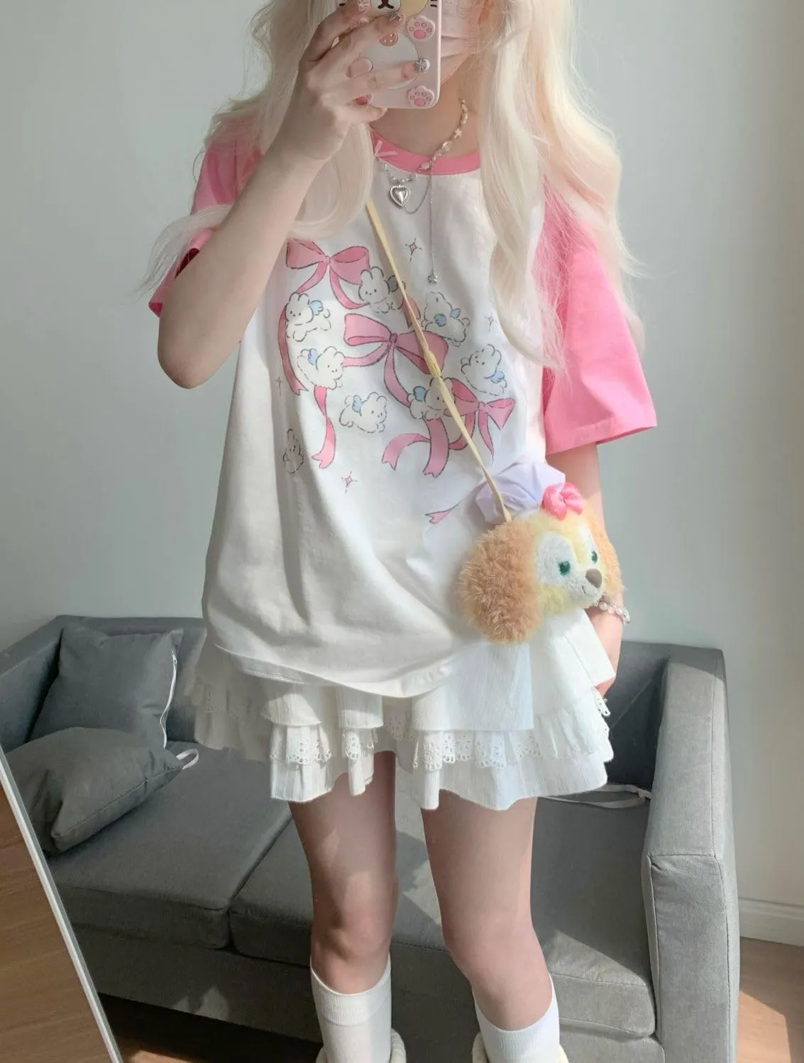 Kawaii Oversized T-Shirt Cute Pink Anime Shirt Japanese Harajuku Patchwork Tee Cartoon Print Loose Teen Girl Plus Size