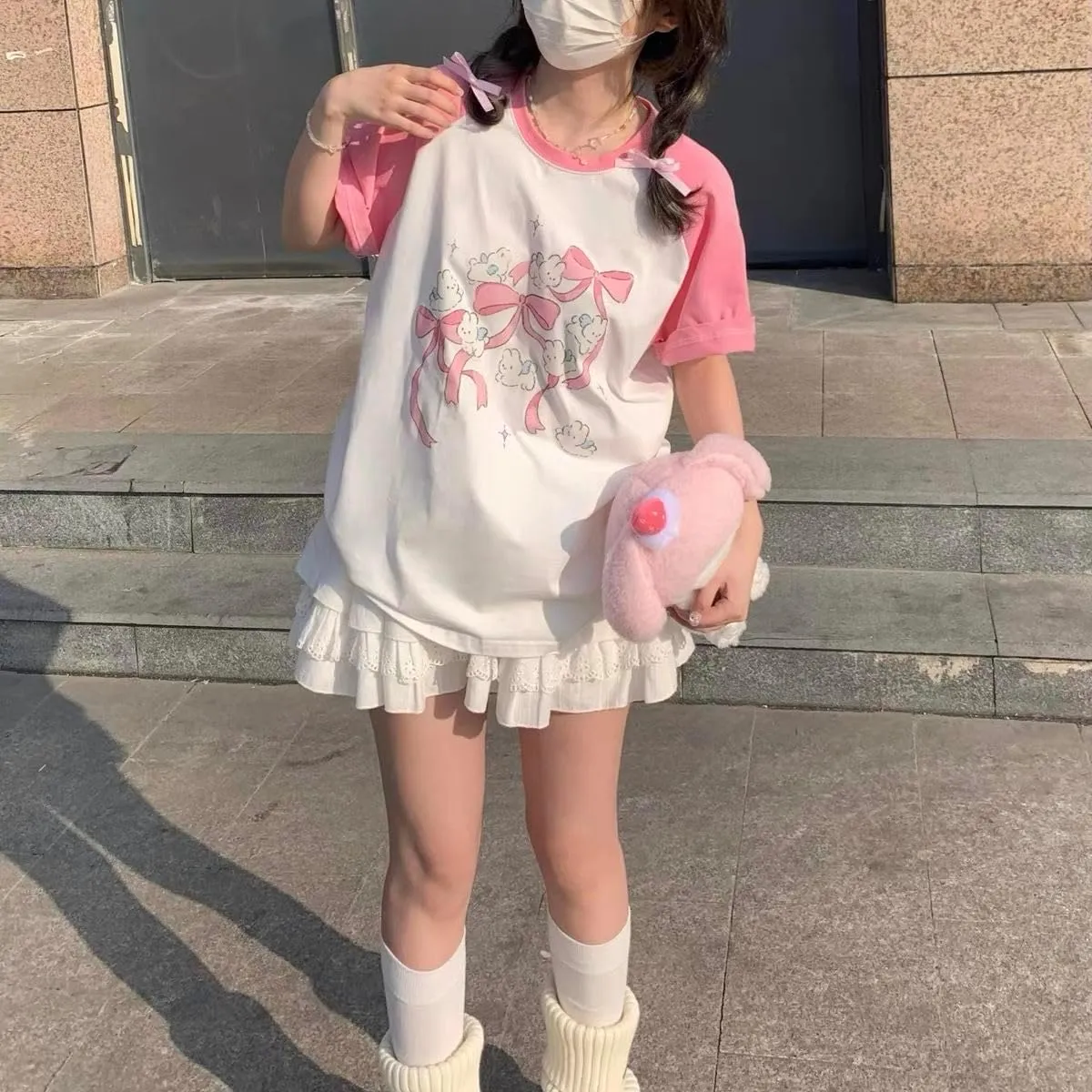 Kawaii Oversized T-Shirt Cute Pink Anime Shirt Japanese Harajuku Patchwork Tee Cartoon Print Loose Teen Girl Plus Size
