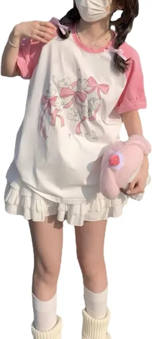 Kawaii Oversized T-Shirt Cute Pink Anime Shirt Japanese Harajuku Patchwork Tee Cartoon Print Loose Teen Girl Plus Size
