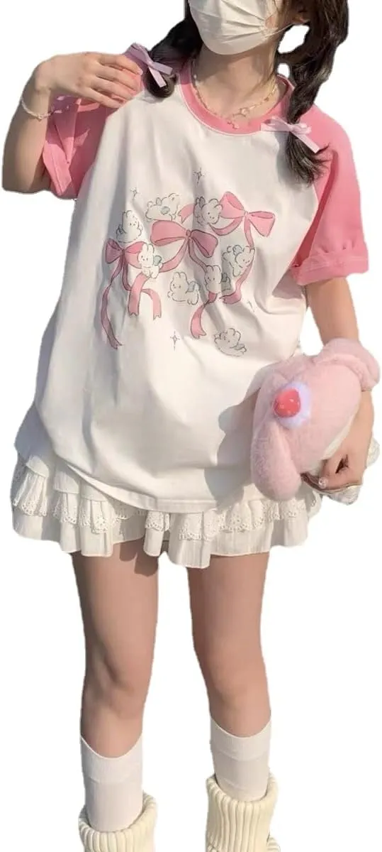 Kawaii Oversized T-Shirt Cute Pink Anime Shirt Japanese Harajuku Patchwork Tee Cartoon Print Loose Teen Girl Plus Size