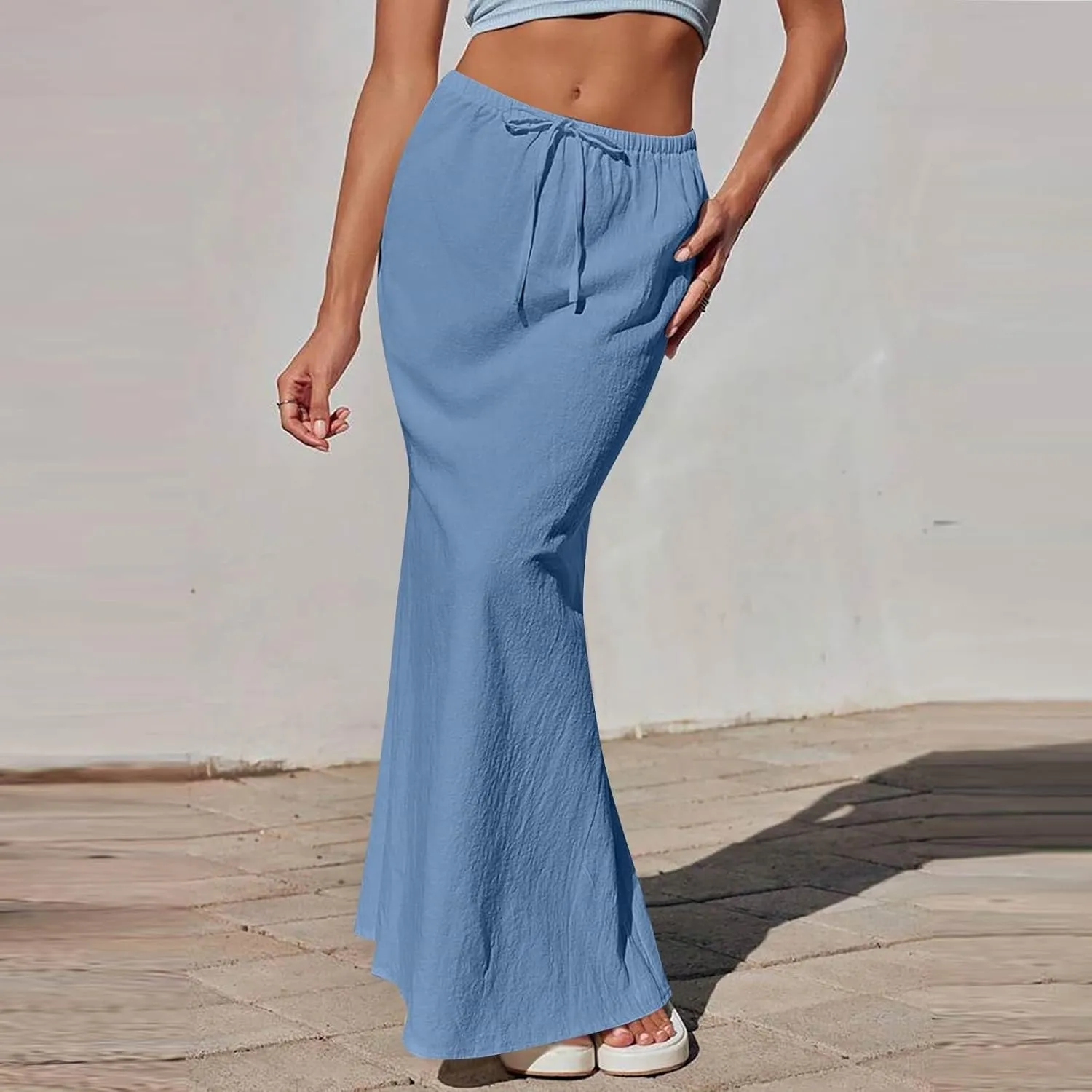 Linen Skirts for Women Trendy Summer Boho Maxi Skirts with Back Slit Casual Elastic Waist Drawstring Long Flowy Skirt