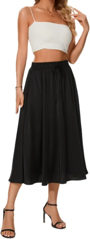 Maxi Skirts for Women with Slit Long Midi Length Floral Elastic Pleated Skirt for Party Holiday Black
