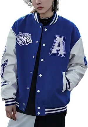 Mxiqqpltky Men's Vintage Varsity Jacket Casual Letter Print Patchwork Baseball Jacket Streetwear Letterman Jacket Bomber Coat