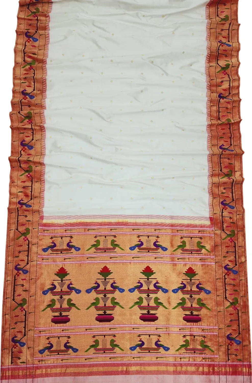 Off White Handloom Paithani Pure Silk Peacock And Parrot Design Saree