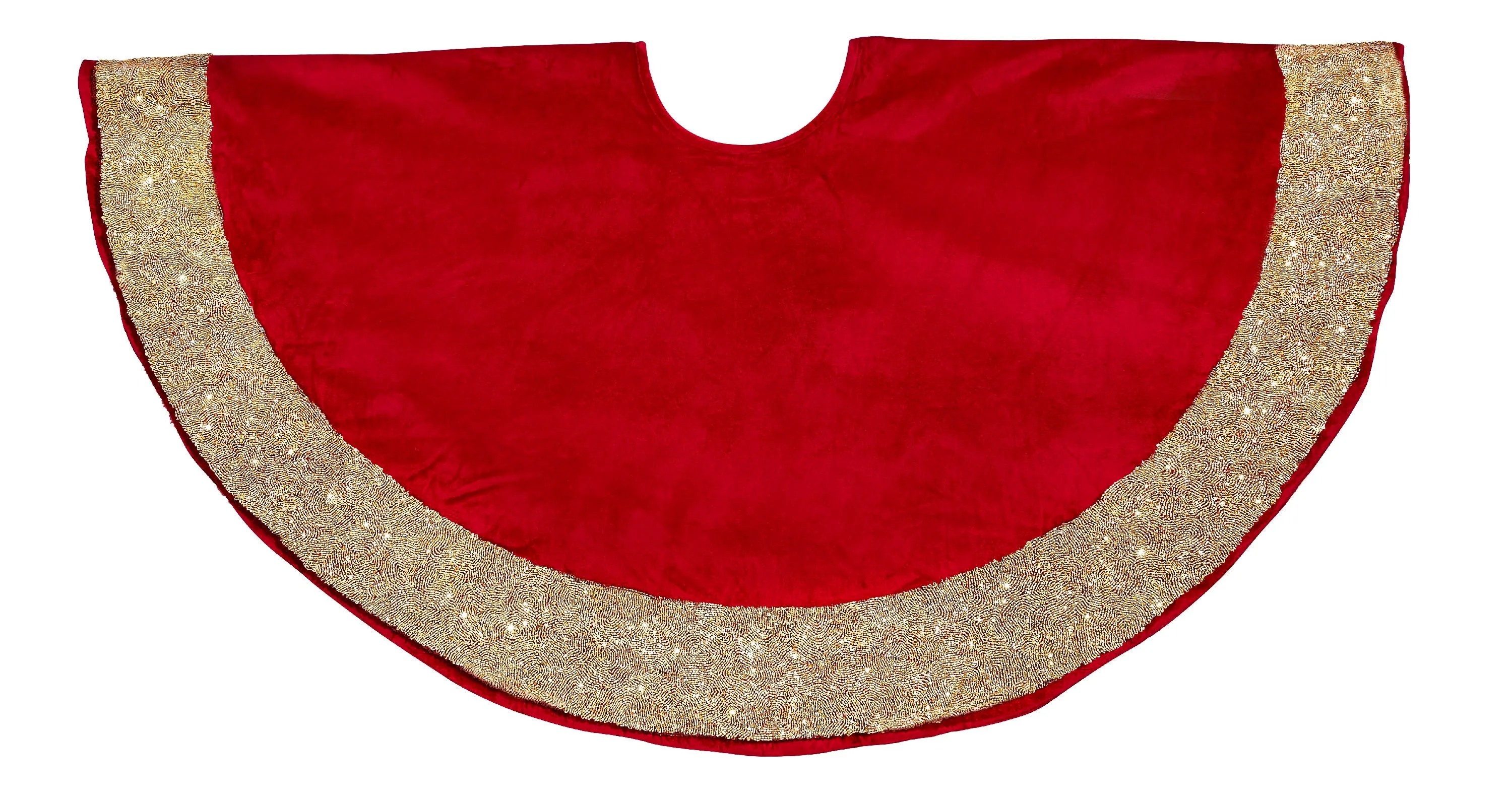 Red Velvet Christmas Tree Skirt with Hand Beaded Gold Border - 60"