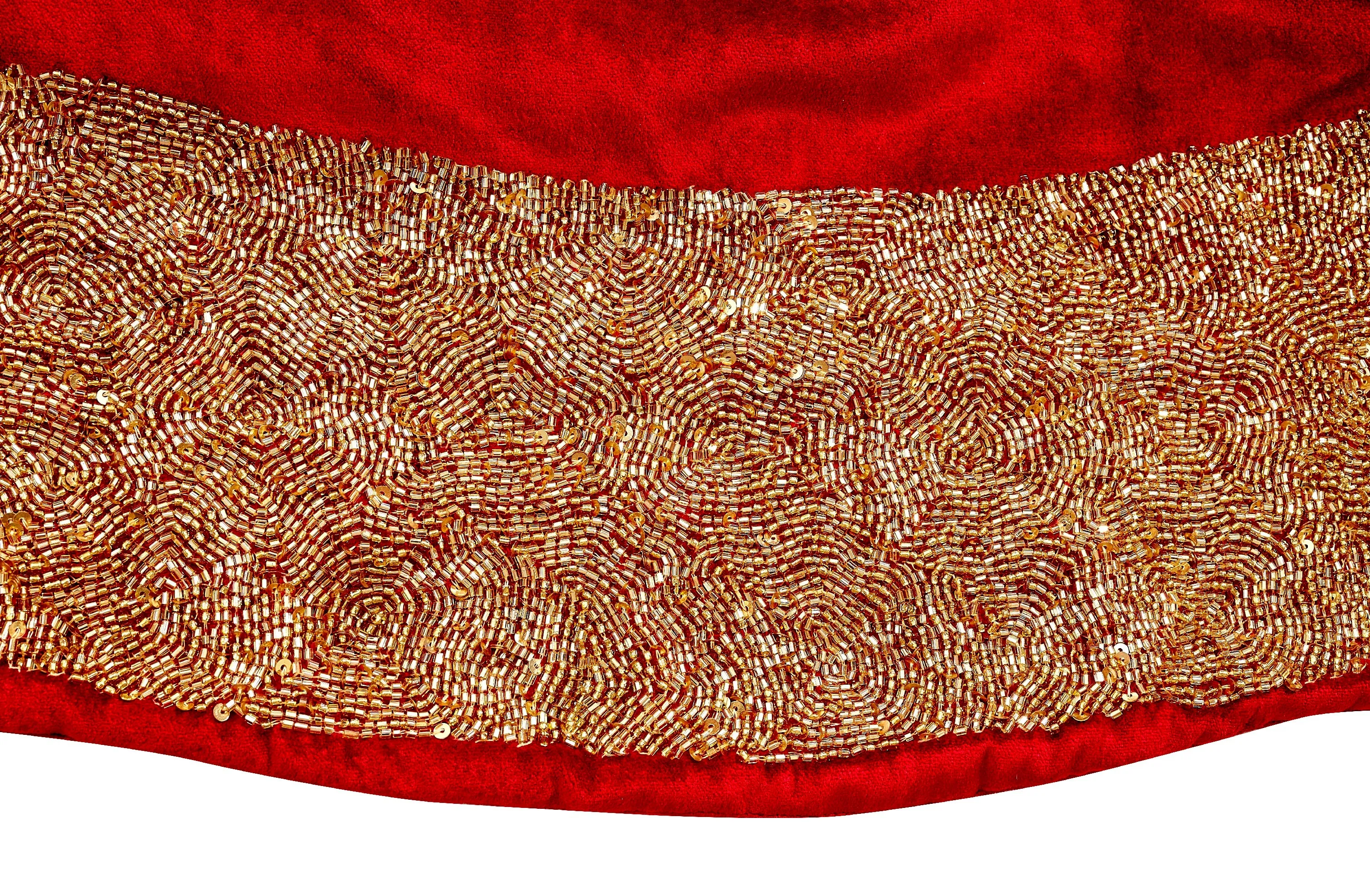 Red Velvet Christmas Tree Skirt with Hand Beaded Gold Border - 60"