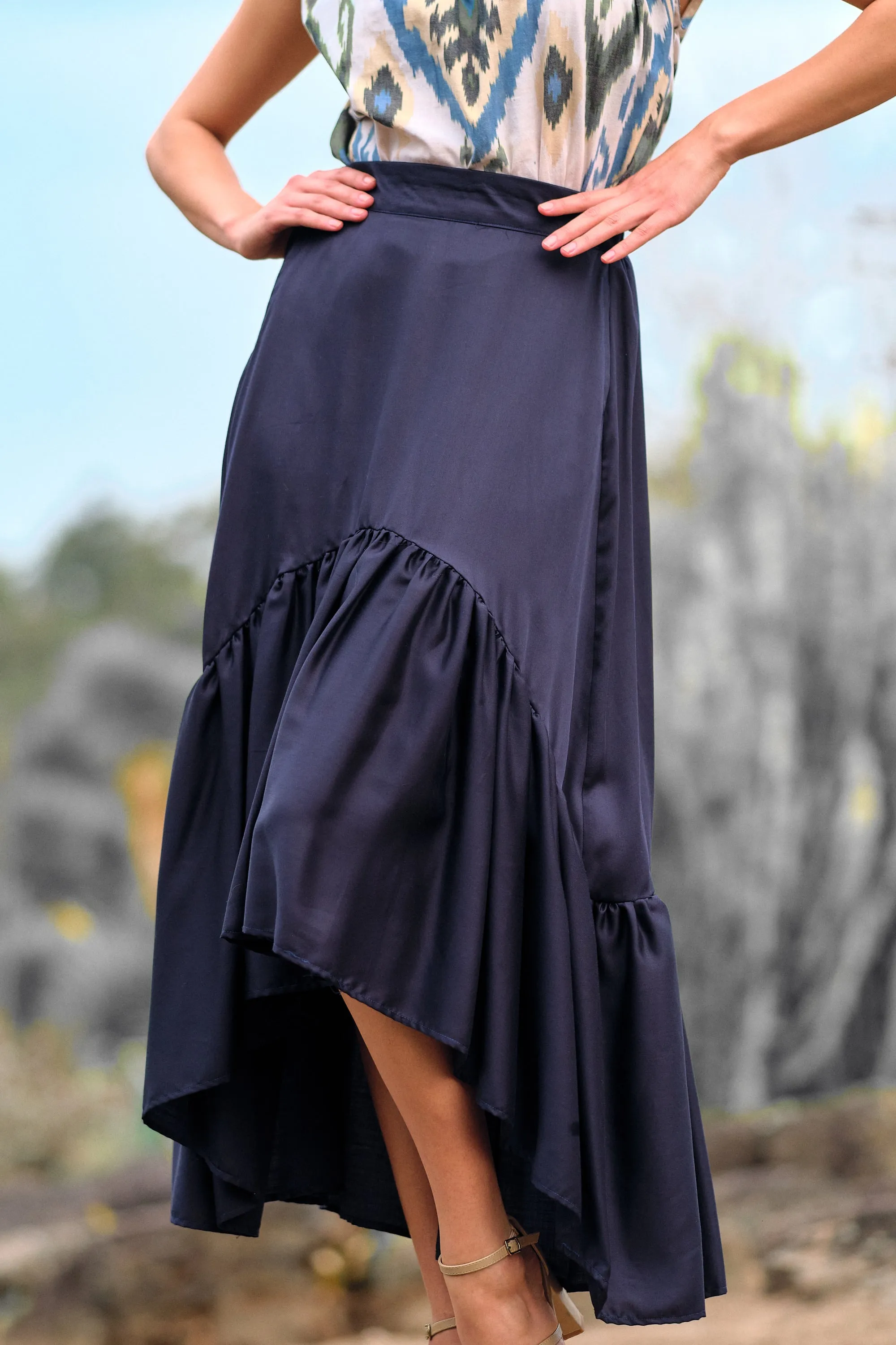 Salma Asymmetric Frill Skirt - Midnight Blue (Tencel)