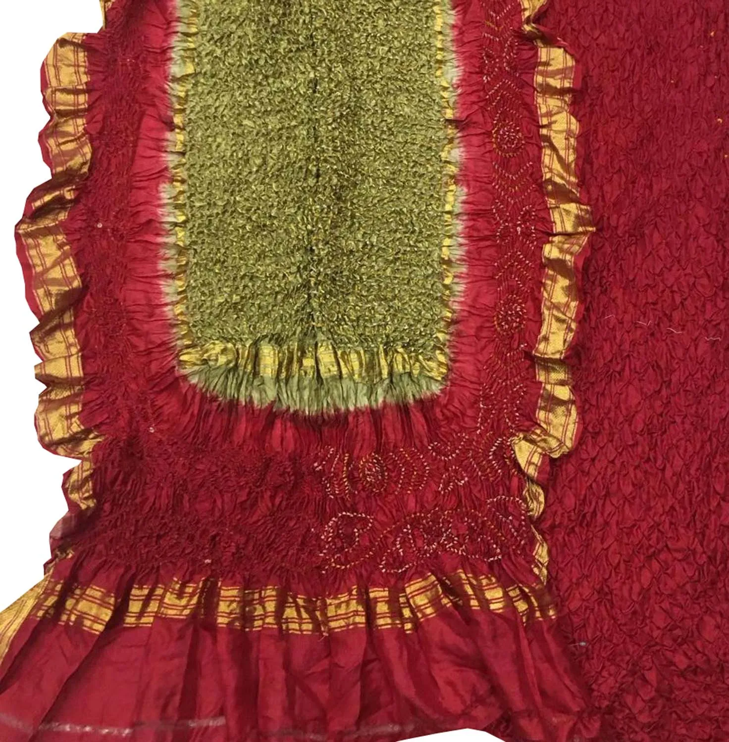 Stunning Red & Green Bandhani Silk Suit: Unstitched Elegance
