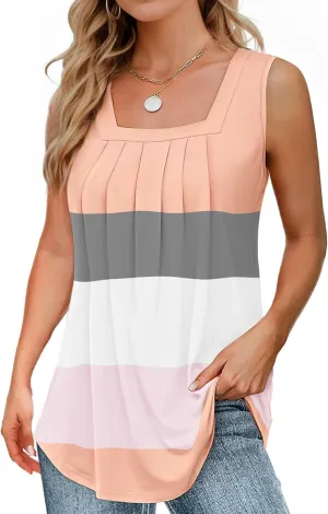 Summer Tank Tops for Women Loose Fit Pleated Square Neck Sleeveless Tops Flowy Blouse Short Sleeve Tops Basic Shirts (Pink Stripe,3XL)