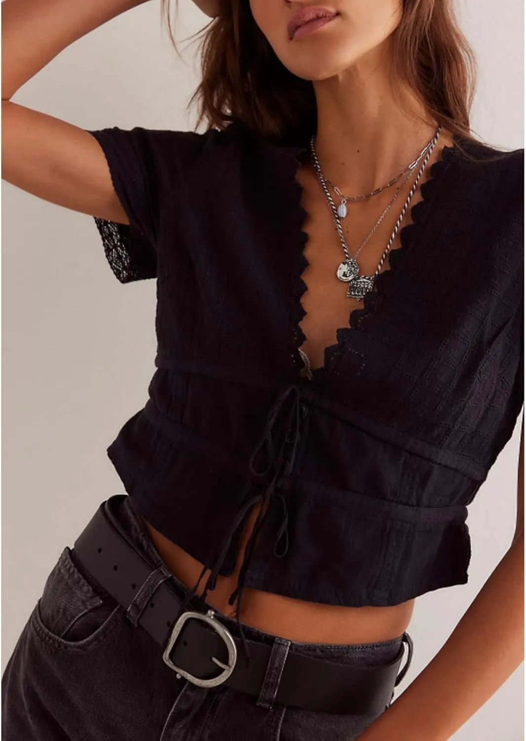Women Front Tie Up Lace Eyelet Trim Crop Tops Y2k Puff Short Sleeve Embroidered Button Down Blouse Shirt