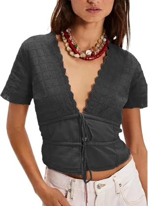 Women Front Tie Up Lace Eyelet Trim Crop Tops Y2k Puff Short Sleeve Embroidered Button Down Blouse Shirt
