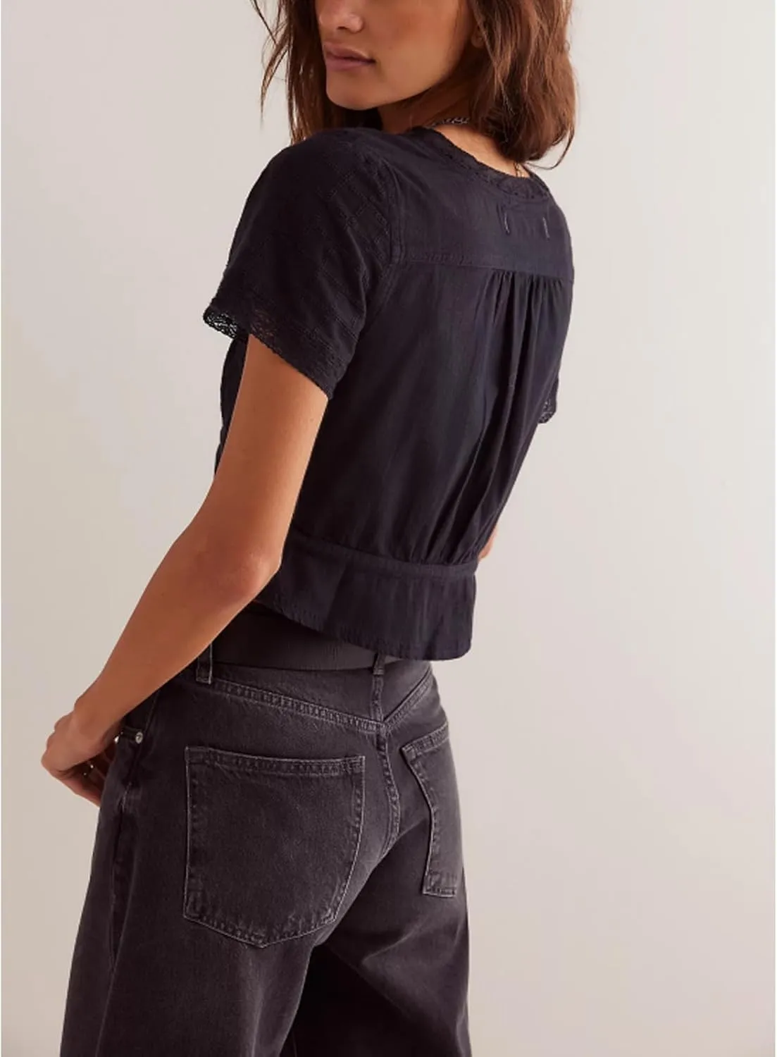 Women Front Tie Up Lace Eyelet Trim Crop Tops Y2k Puff Short Sleeve Embroidered Button Down Blouse Shirt